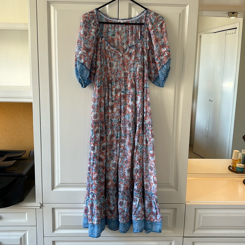 Poupette St. Barth Blue and Coral Floral Maxi Dress